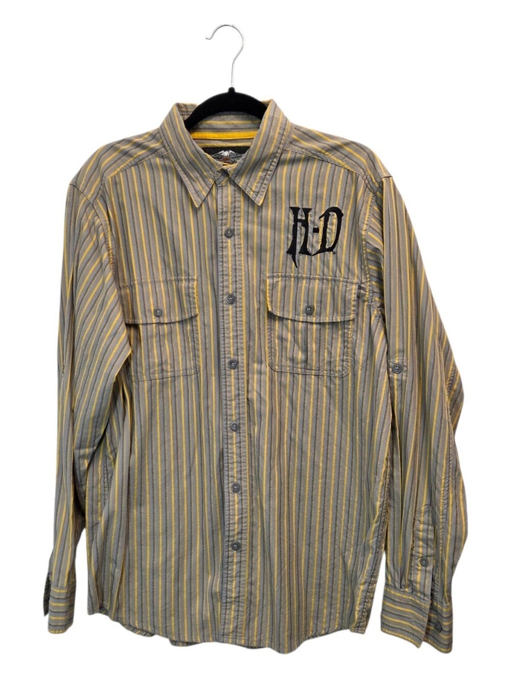 Harley-Davidson Mens Gray Yellow Striped Button-Up Shirt Embroidered Size Large